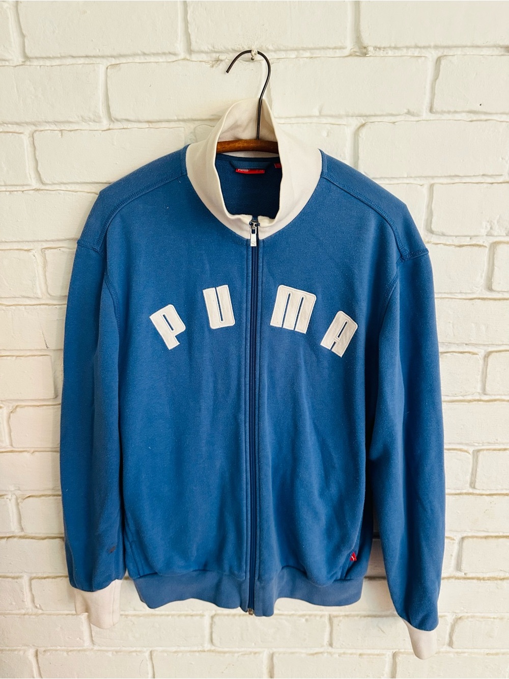 Vintage Puma Blue Men's Zip-Up Track Jacket with White Trim Size Small